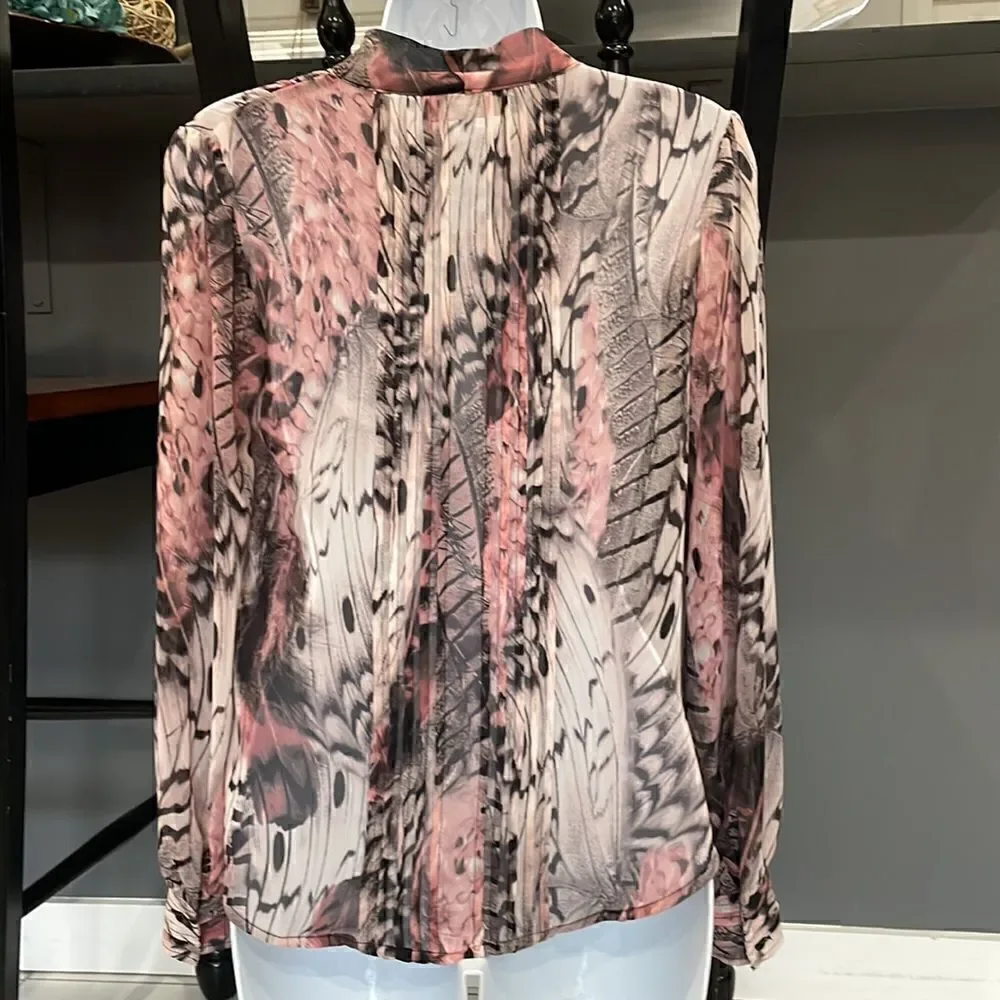 JLo Pink Leopard Print Chiffon Tie Neck Pin tucked Long Sleeve Blouse - Picture 11 of 13